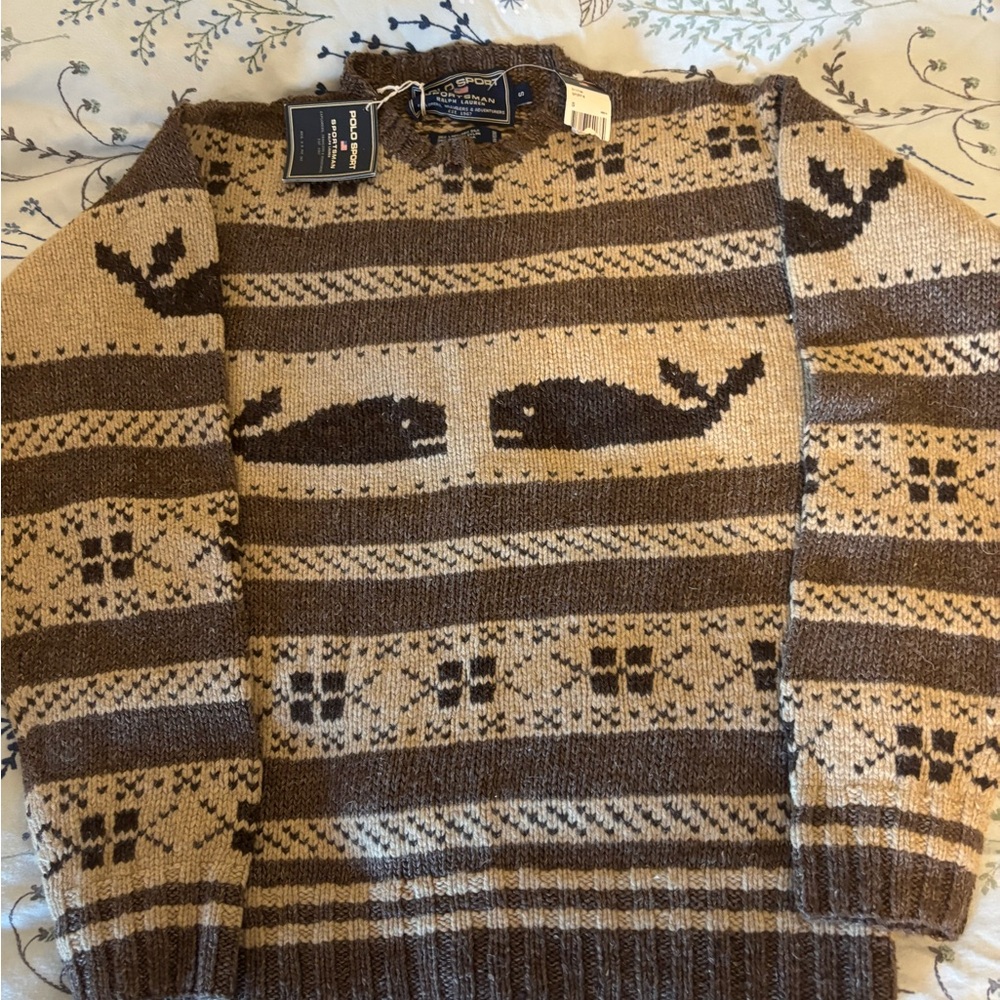 Vintage Ralph Lauren Tan and Brown Whale Pattern Crewneck Sweater, NWT